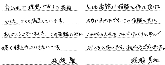 渡瀬駿・鈴木美和様 (Pt 側面彫刻と誕生石の結婚指輪)