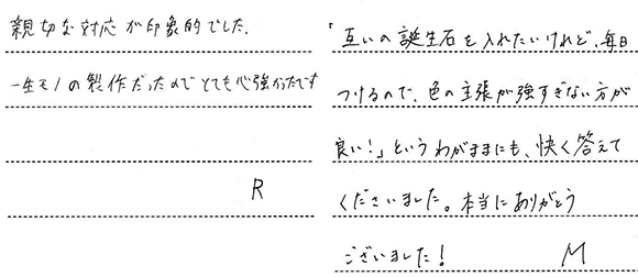 R＆M様 (プラチナ 誕生石とミル打ちの結婚指輪)